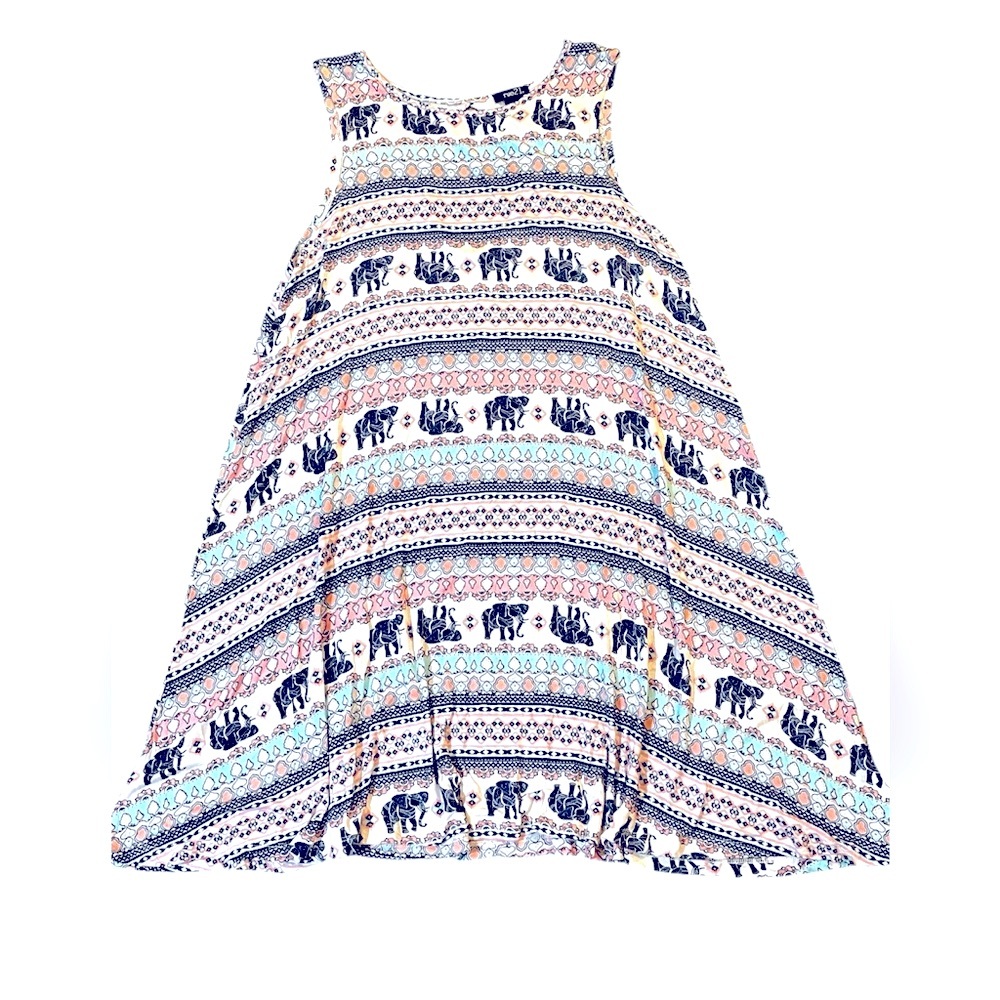 Sleeveless Elephant Print Swing Dress in Navy & Pastel